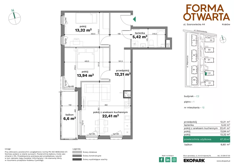 3 pokoje, mieszkanie 67,30 m², piętro 1, oferta nr C2-12, Forma Otwarta - Etap C, Kraków, Bronowice, Bronowice Wielkie, ul. Sosnowiecka