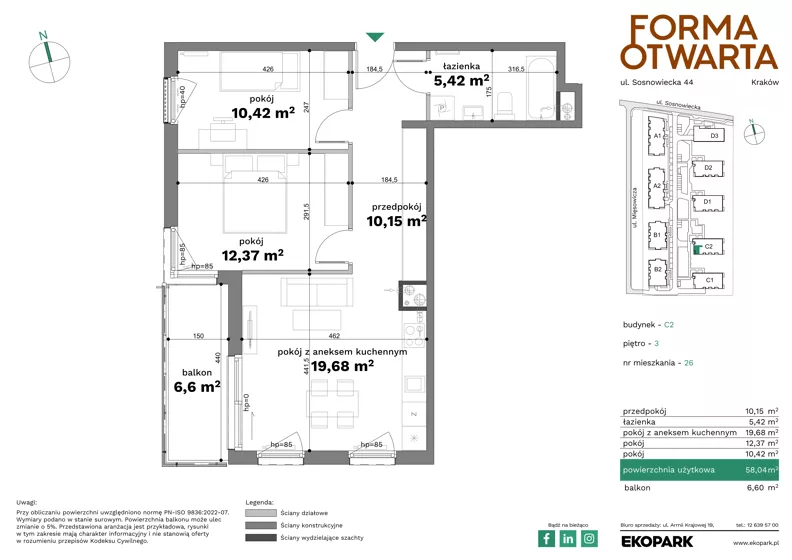 3 pokoje, mieszkanie 58,04 m², piętro 3, oferta nr C2-26, Forma Otwarta - Etap C, Kraków, Bronowice, Bronowice Wielkie, ul. Sosnowiecka