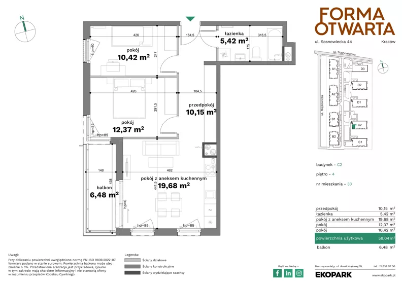 3 pokoje, mieszkanie 58,04 m², piętro 4, oferta nr C2-33, Forma Otwarta - Etap C, Kraków, Bronowice, Bronowice Wielkie, ul. Sosnowiecka