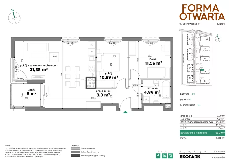 3 pokoje, mieszkanie 66,99 m², piętro 4, oferta nr C2-34, Forma Otwarta - Etap C, Kraków, Bronowice, Bronowice Wielkie, ul. Sosnowiecka