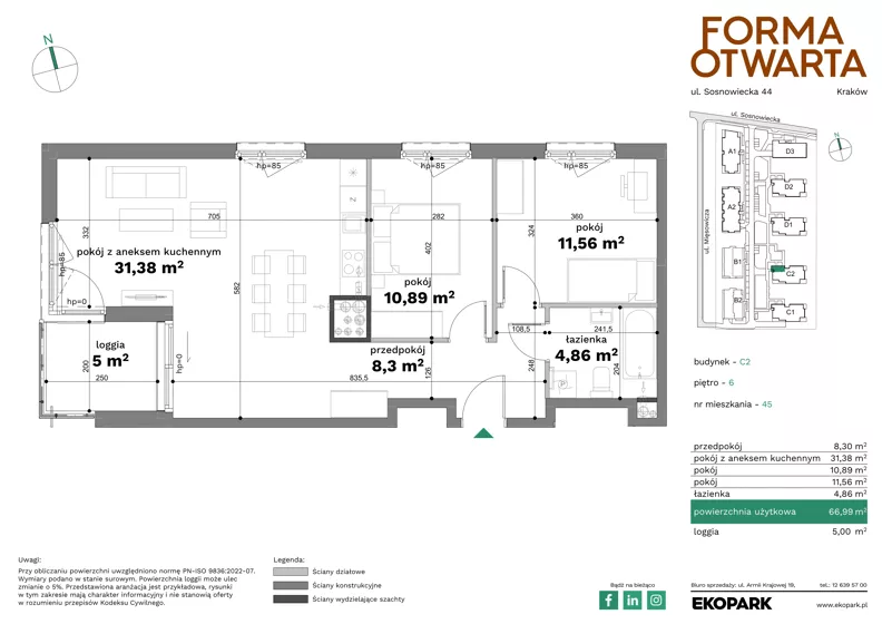 3 pokoje, mieszkanie 66,99 m², piętro 6, oferta nr C2-45, Forma Otwarta - Etap C, Kraków, Bronowice, Bronowice Wielkie, ul. Sosnowiecka