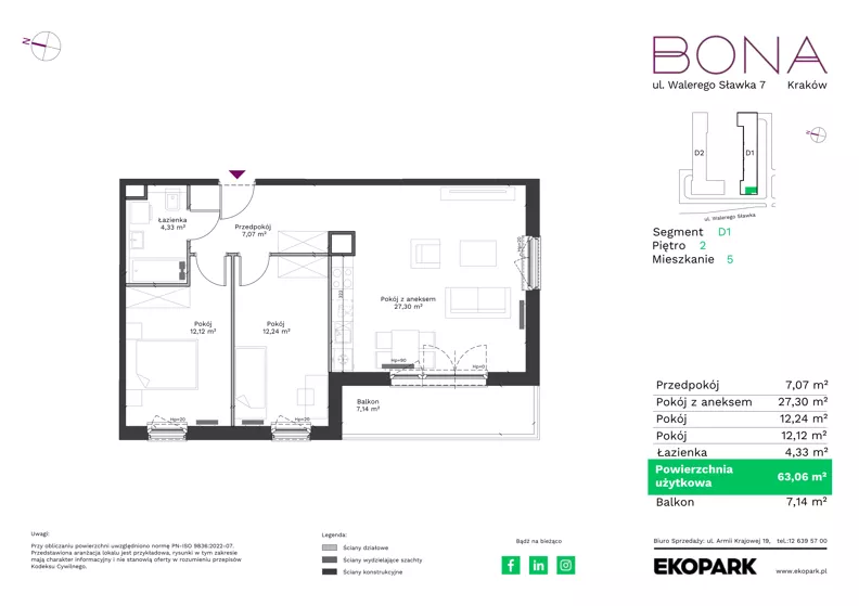 3 pokoje, mieszkanie 63,06 m², piętro 2, oferta nr 5, BONA, Kraków, Podgórze Duchackie, ul. Walerego Sławka 7