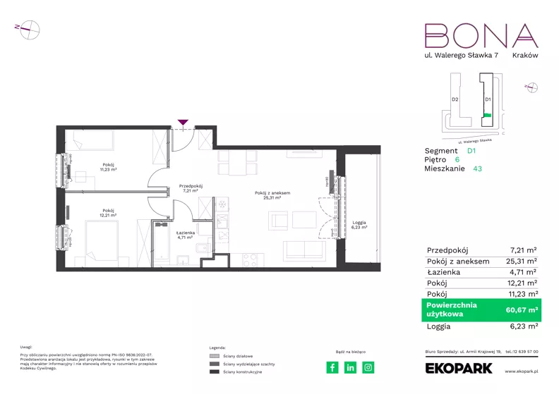 3 pokoje, mieszkanie 60,67 m², piętro 6, oferta nr 43, BONA, Kraków, Podgórze Duchackie, ul. Walerego Sławka 7