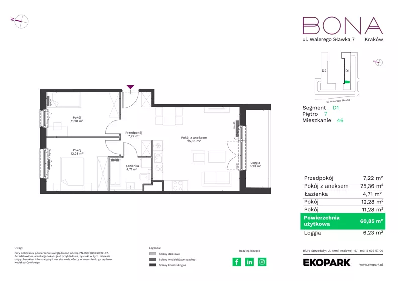3 pokoje, mieszkanie 60,85 m², piętro 7, oferta nr 46, BONA, Kraków, Podgórze Duchackie, ul. Walerego Sławka 7