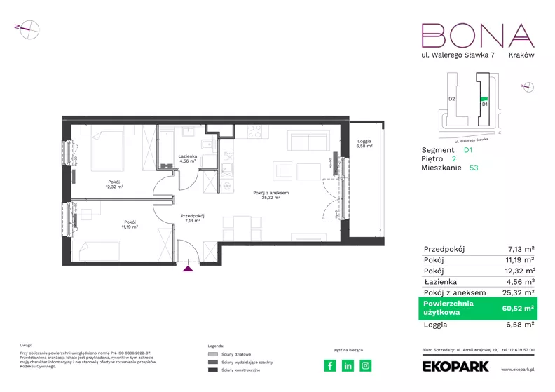 3 pokoje, mieszkanie 60,52 m², piętro 2, oferta nr 53, BONA, Kraków, Podgórze Duchackie, ul. Walerego Sławka 7