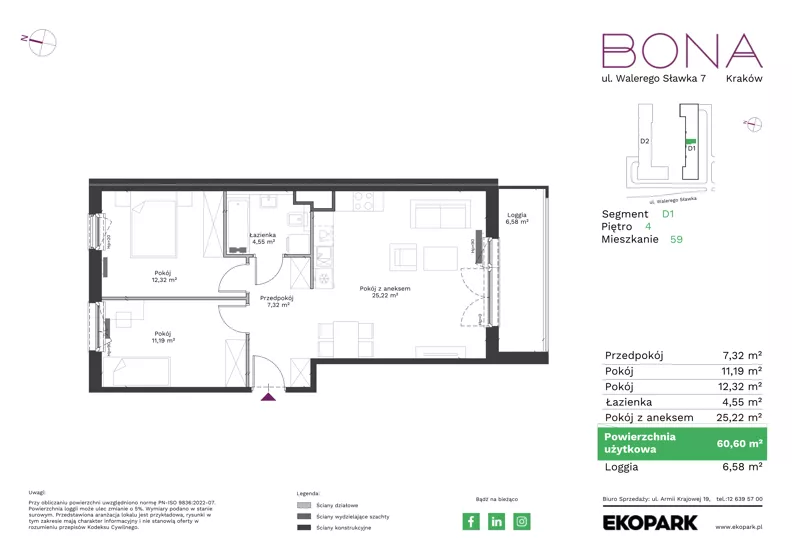3 pokoje, mieszkanie 60,60 m², piętro 4, oferta nr 59, BONA, Kraków, Podgórze Duchackie, ul. Walerego Sławka 7
