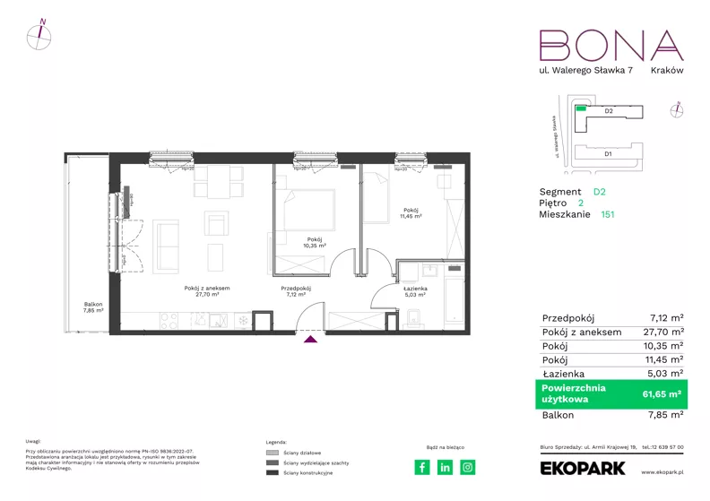 3 pokoje, mieszkanie 61,65 m², piętro 2, oferta nr 151, BONA, Kraków, Podgórze Duchackie, ul. Walerego Sławka 7