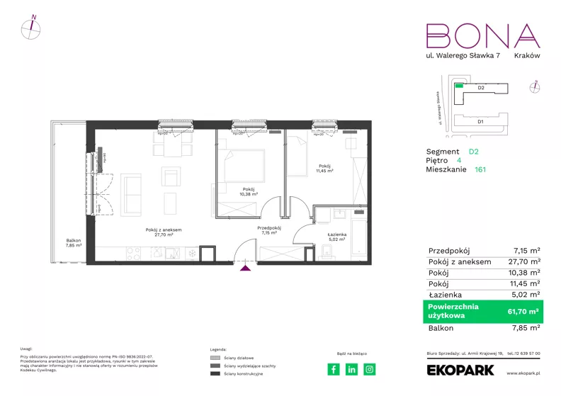 3 pokoje, mieszkanie 61,70 m², piętro 4, oferta nr 161, BONA, Kraków, Podgórze Duchackie, ul. Walerego Sławka 7