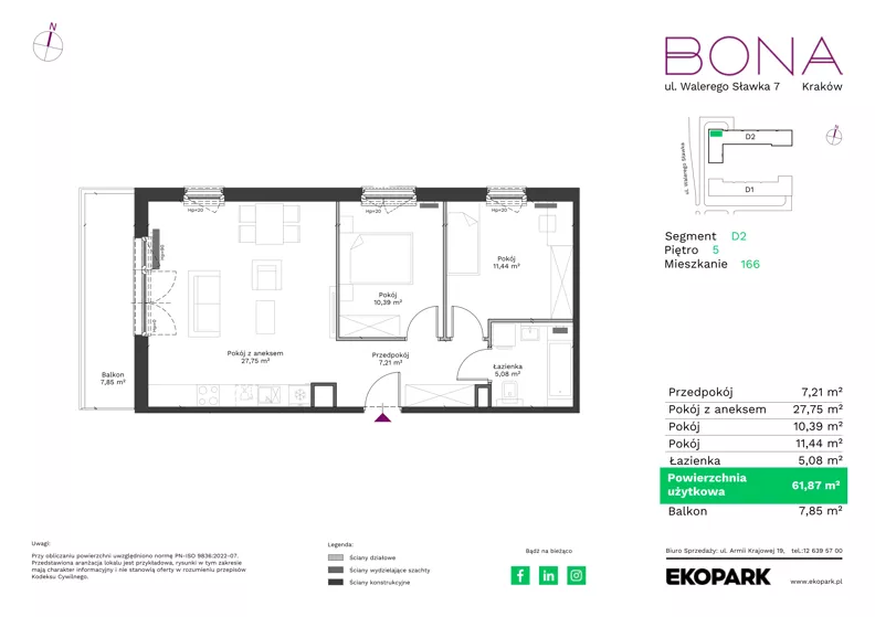 3 pokoje, mieszkanie 61,87 m², piętro 5, oferta nr 166, BONA, Kraków, Podgórze Duchackie, ul. Walerego Sławka 7