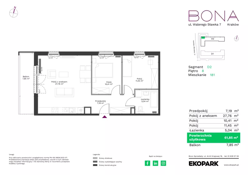 3 pokoje, mieszkanie 61,85 m², piętro 8, oferta nr 181, BONA, Kraków, Podgórze Duchackie, ul. Walerego Sławka 7
