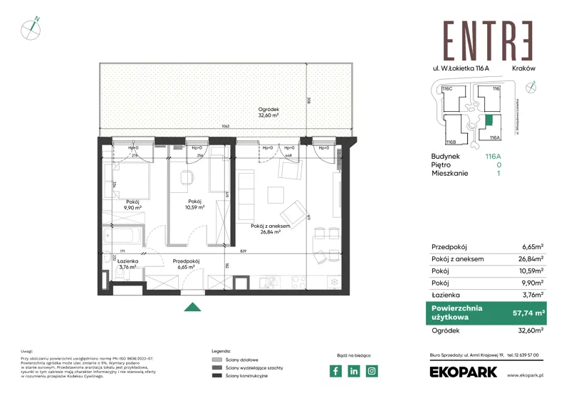 3 pokoje, mieszkanie 57,74 m², parter, oferta nr 116A-M01, Entre, Kraków, Prądnik Biały, ul. Władysława Łokietka 116