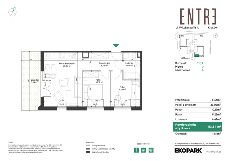 3 pokoje, mieszkanie 53,64 m², parter, oferta nr 116A-M04, Entre, Kraków, Prądnik Biały, ul. Władysława Łokietka 116