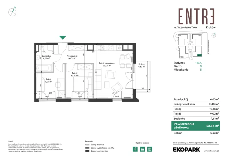 3 pokoje, mieszkanie 53,54 m², parter, oferta nr 116A-M05, Entre, Kraków, Prądnik Biały, ul. Władysława Łokietka 116
