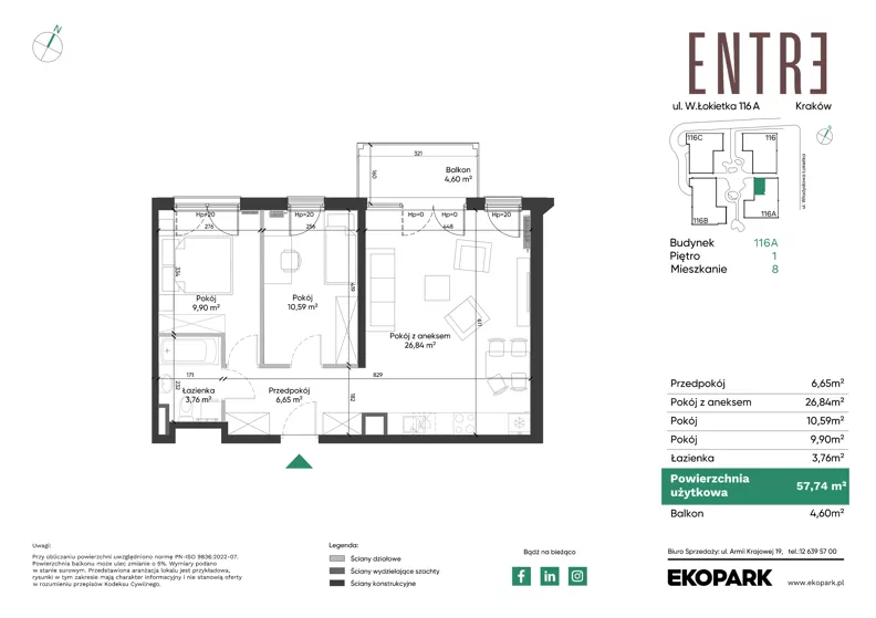 3 pokoje, mieszkanie 57,74 m², piętro 1, oferta nr 116A-M08, Entre, Kraków, Prądnik Biały, ul. Władysława Łokietka 116