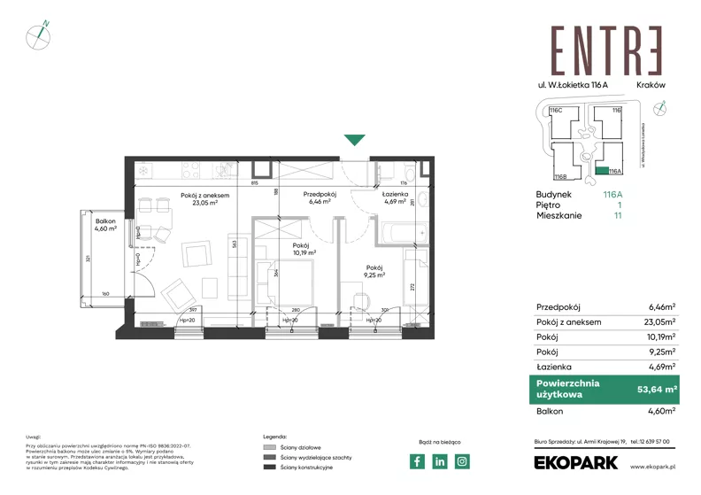 3 pokoje, mieszkanie 53,64 m², piętro 1, oferta nr 116A-M11, Entre, Kraków, Prądnik Biały, ul. Władysława Łokietka 116