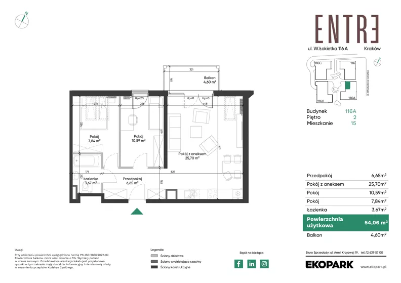 3 pokoje, mieszkanie 54,06 m², piętro 2, oferta nr 116A-M15, Entre, Kraków, Prądnik Biały, ul. Władysława Łokietka 116