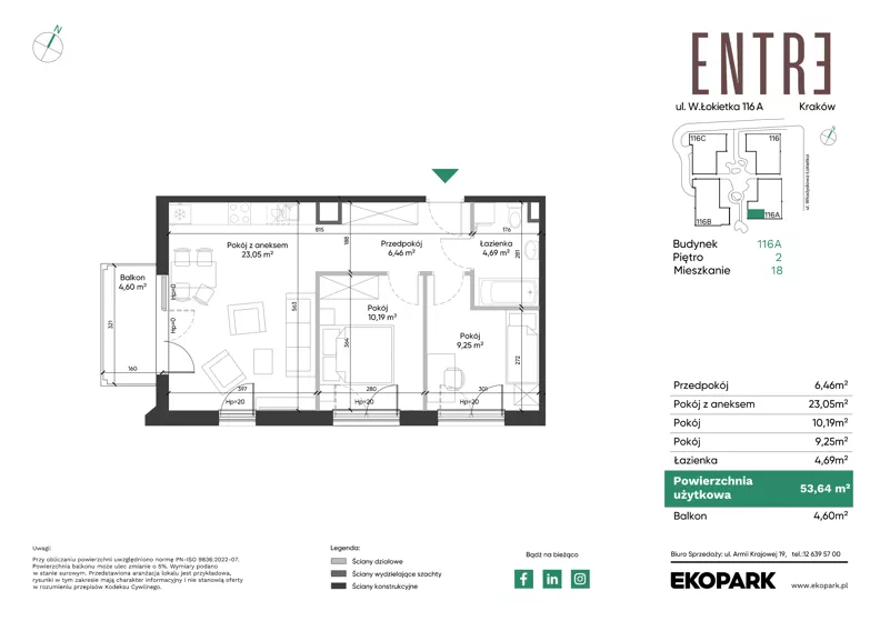 3 pokoje, mieszkanie 53,64 m², piętro 2, oferta nr 116A-M18, Entre, Kraków, Prądnik Biały, ul. Władysława Łokietka 116