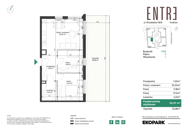 3 pokoje, mieszkanie 52,37 m², parter, oferta nr 116B-M01, Entre, Kraków, Prądnik Biały, ul. Władysława Łokietka 116
