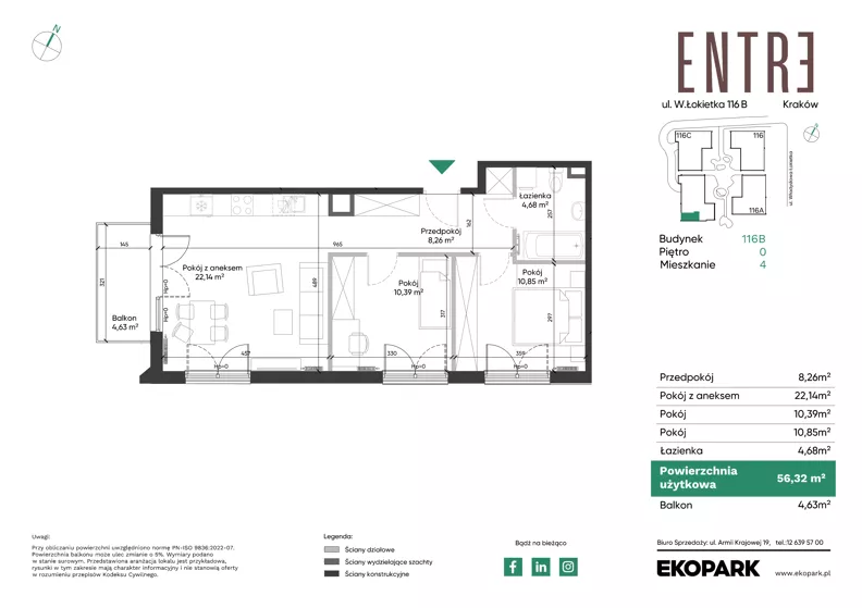 3 pokoje, mieszkanie 56,32 m², parter, oferta nr 116B-M04, Entre, Kraków, Prądnik Biały, ul. Władysława Łokietka 116