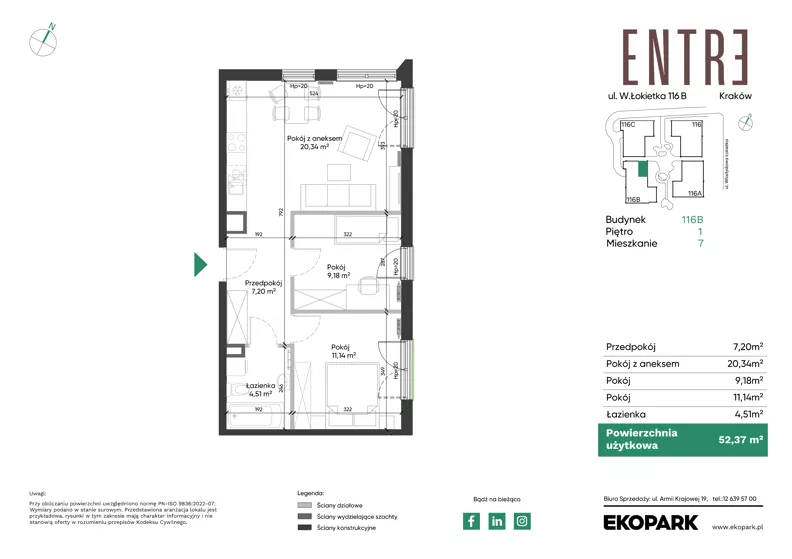 3 pokoje, mieszkanie 52,37 m², piętro 1, oferta nr 116B-M07, Entre, Kraków, Prądnik Biały, ul. Władysława Łokietka 116