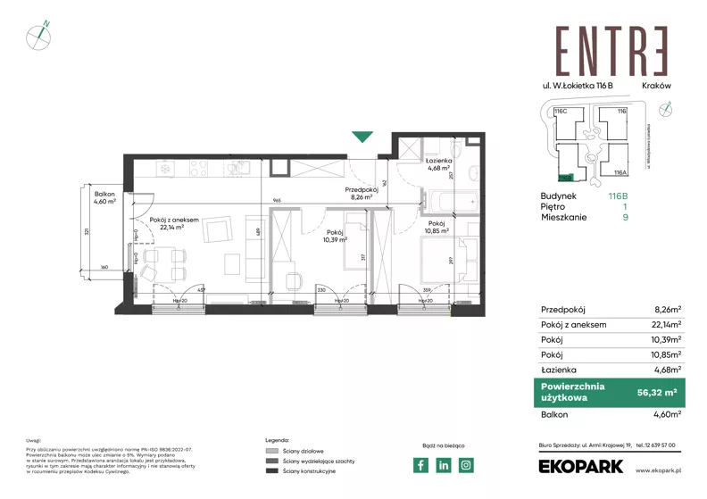 3 pokoje, mieszkanie 56,32 m², piętro 1, oferta nr 116B-M09, Entre, Kraków, Prądnik Biały, ul. Władysława Łokietka 116