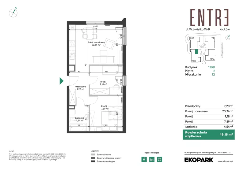 3 pokoje, mieszkanie 49,15 m², piętro 2, oferta nr 116B-M12, Entre, Kraków, Prądnik Biały, ul. Władysława Łokietka 116
