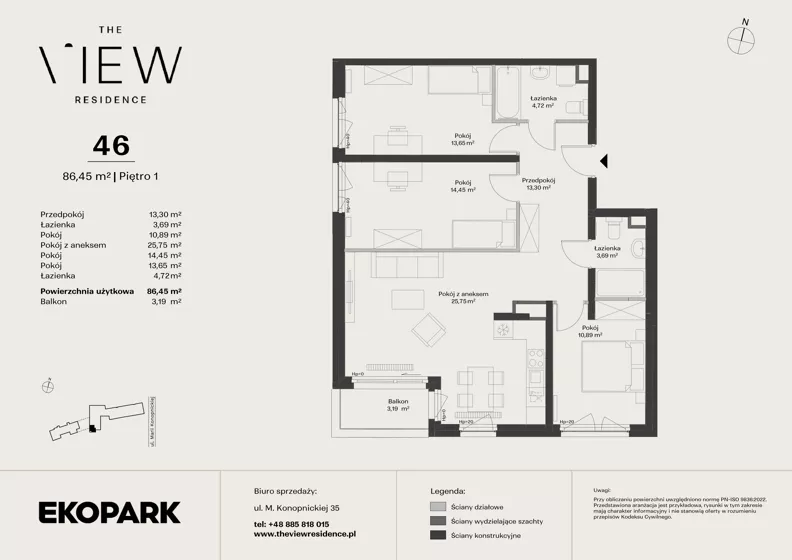 4 pokoje, mieszkanie 86,45 m², piętro 1, oferta nr 46, The View, Kraków, Dębniki, Ludwinów, ul. Marii Konopnickiej 35