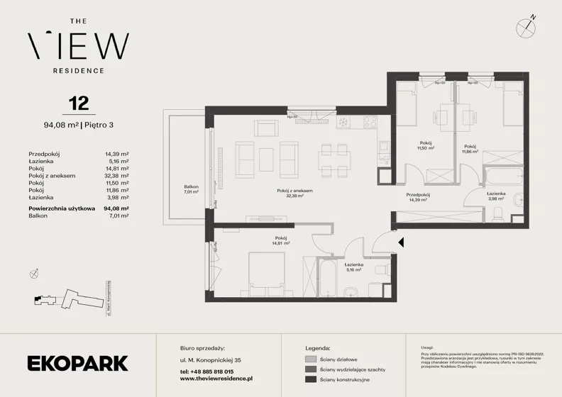 4 pokoje, mieszkanie 94,08 m², piętro 3, oferta nr 12, The View, Kraków, Dębniki, Ludwinów, ul. Marii Konopnickiej 35