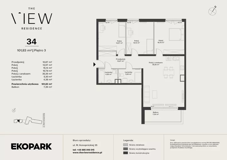 4 pokoje, mieszkanie 101,83 m², piętro 3, oferta nr 34, The View, Kraków, Dębniki, Ludwinów, ul. Marii Konopnickiej 35