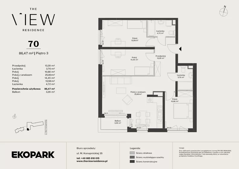 4 pokoje, mieszkanie 86,47 m², piętro 3, oferta nr 70, The View, Kraków, Dębniki, Ludwinów, ul. Marii Konopnickiej 35