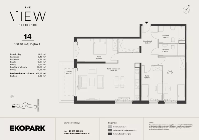 4 pokoje, mieszkanie 106,76 m², piętro 4, oferta nr 14, The View, Kraków, Dębniki, Ludwinów, ul. Marii Konopnickiej 35
