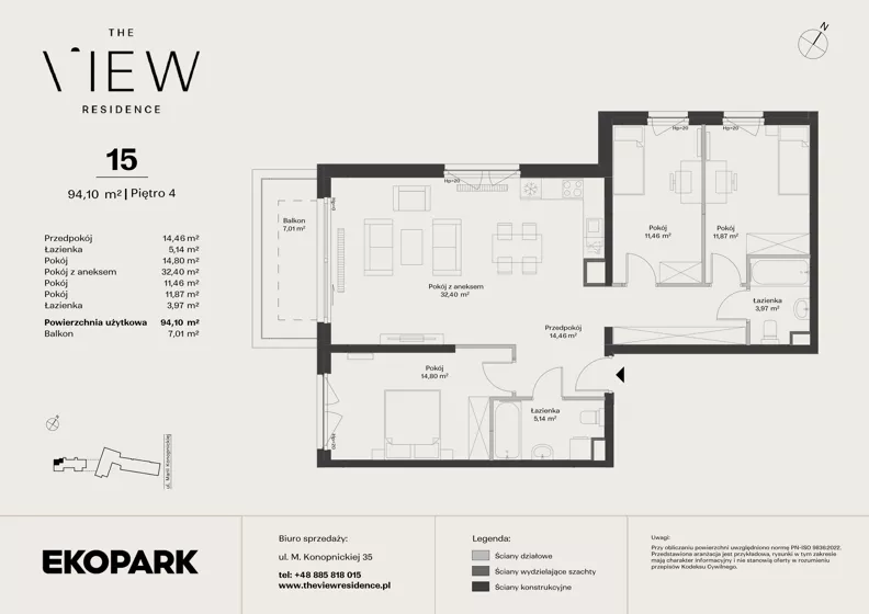 4 pokoje, mieszkanie 94,10 m², piętro 4, oferta nr 15, The View, Kraków, Dębniki, Ludwinów, ul. Marii Konopnickiej 35