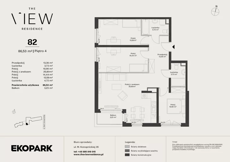4 pokoje, mieszkanie 86,53 m², piętro 4, oferta nr 82, The View, Kraków, Dębniki, Ludwinów, ul. Marii Konopnickiej 35