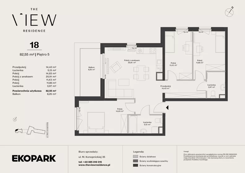 4 pokoje, mieszkanie 82,55 m², piętro 5, oferta nr 18, The View, Kraków, Dębniki, Ludwinów, ul. Marii Konopnickiej 35
