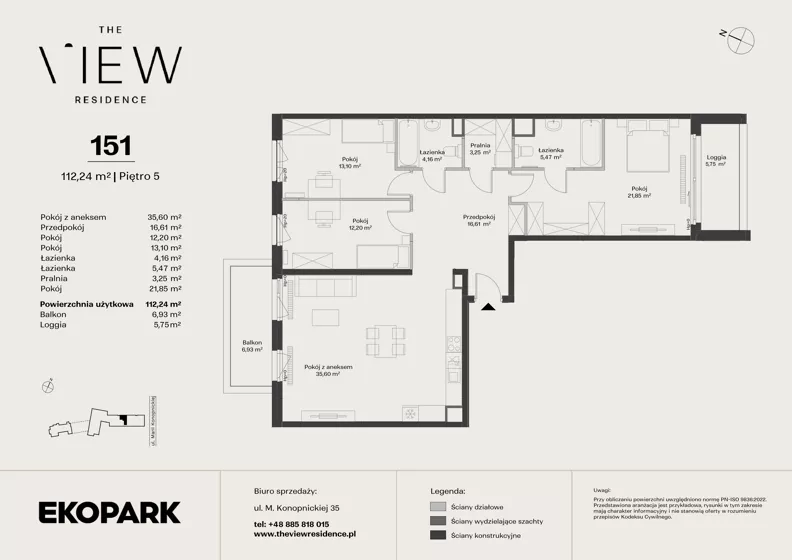 4 pokoje, mieszkanie 112,24 m², piętro 5, oferta nr 151, The View, Kraków, Dębniki, Ludwinów, ul. Marii Konopnickiej 35