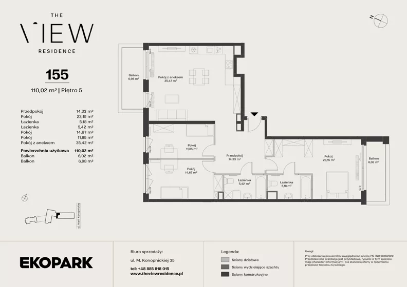 4 pokoje, mieszkanie 110,02 m², piętro 5, oferta nr 155, The View, Kraków, Dębniki, Ludwinów, ul. Marii Konopnickiej 35