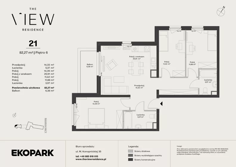 4 pokoje, mieszkanie 82,27 m², piętro 6, oferta nr 21, The View, Kraków, Dębniki, Ludwinów, ul. Marii Konopnickiej 35
