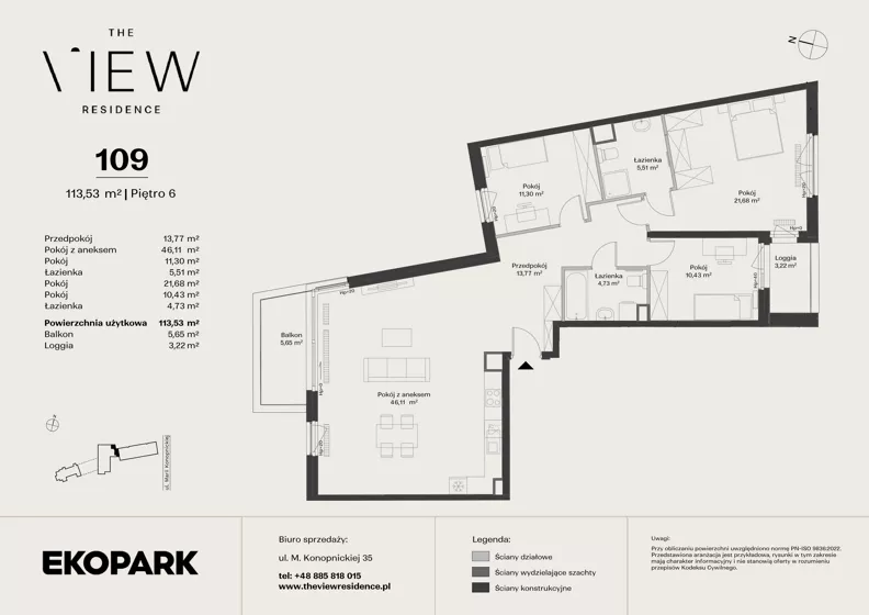4 pokoje, mieszkanie 113,53 m², piętro 6, oferta nr 109, The View, Kraków, Dębniki, Ludwinów, ul. Marii Konopnickiej 35