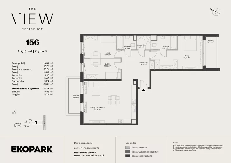 4 pokoje, mieszkanie 112,15 m², piętro 6, oferta nr 156, The View, Kraków, Dębniki, Ludwinów, ul. Marii Konopnickiej 35