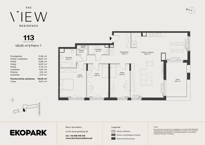 4 pokoje, mieszkanie 132,55 m², piętro 7, oferta nr 113, The View, Kraków, Dębniki, Ludwinów, ul. Marii Konopnickiej 35