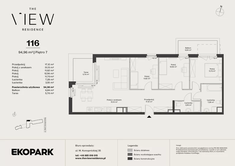 4 pokoje, mieszkanie 94,96 m², piętro 7, oferta nr 116, The View, Kraków, Dębniki, Ludwinów, ul. Marii Konopnickiej 35