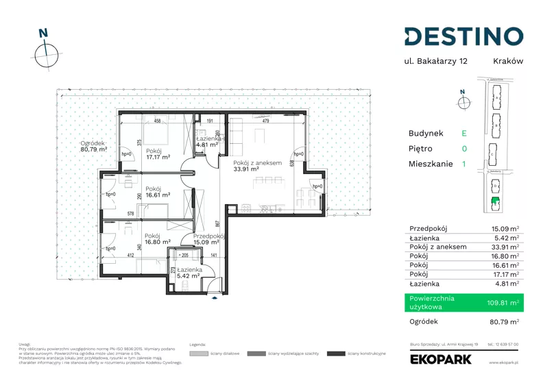 4 pokoje, mieszkanie 109,81 m², parter, oferta nr E-1, Destino, Kraków, Bronowice, Bronowice Małe, ul. Odlewnicza/Bakałarzy