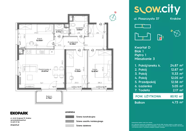 4 pokoje, mieszkanie 80,92 m², piętro 1, oferta nr D1-3, Slow City - Etap D, Kraków, Prądnik Biały, ul. Piaszczysta 39 - 41