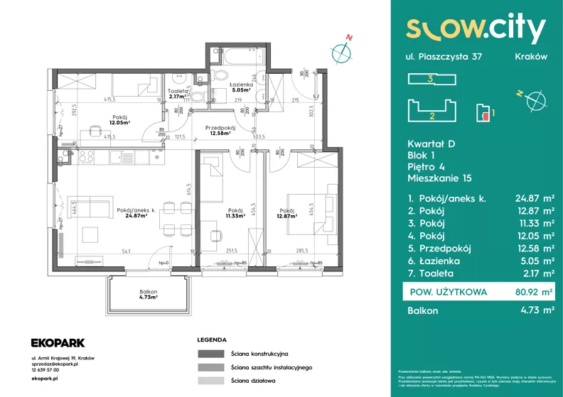 4 pokoje, mieszkanie 80,92 m², piętro 4, oferta nr D1-15, Slow City - Etap D, Kraków, Prądnik Biały, ul. Piaszczysta 39 - 41