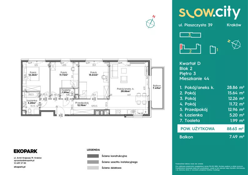 4 pokoje, mieszkanie 88,63 m², piętro 3, oferta nr D2-44, Slow City - Etap D, Kraków, Prądnik Biały, ul. Piaszczysta 39 - 41