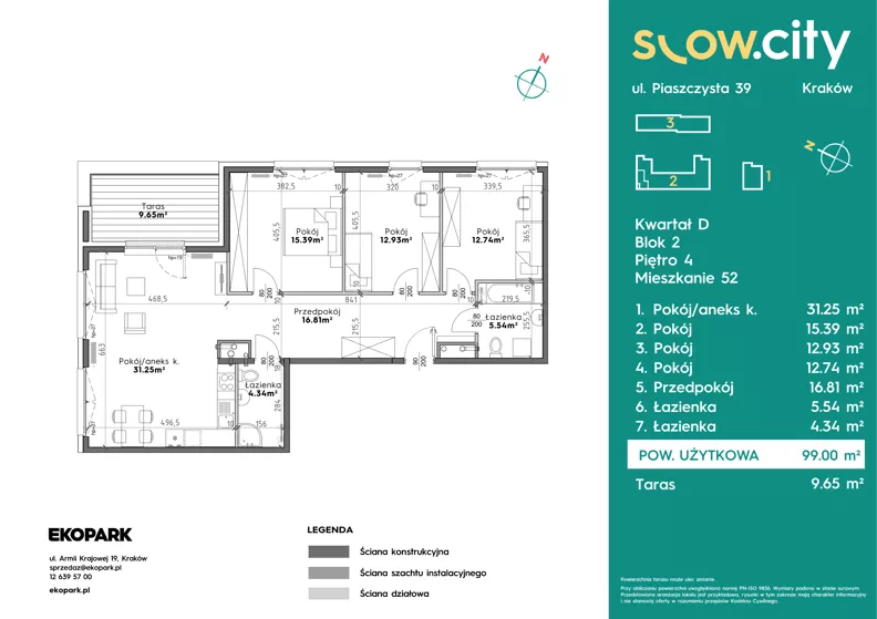 4 pokoje, mieszkanie 99,00 m², piętro 4, oferta nr D2-52, Slow City - Etap D, Kraków, Prądnik Biały, ul. Piaszczysta 39 - 41