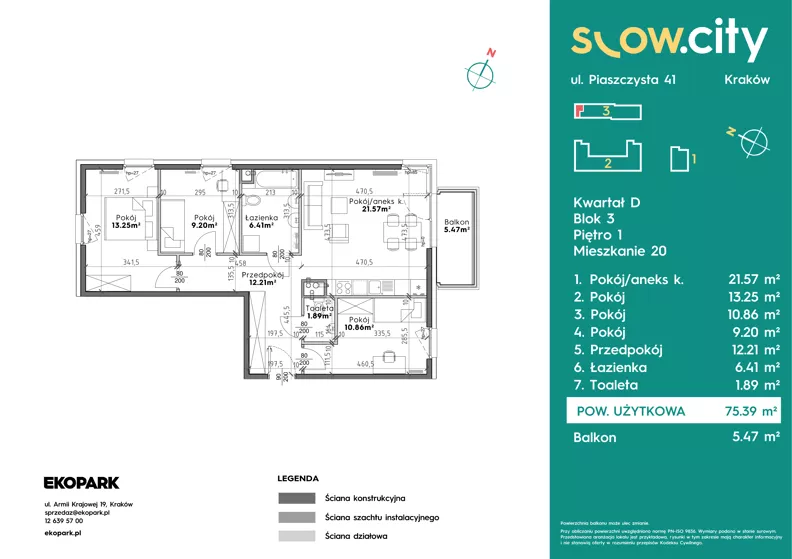 4 pokoje, mieszkanie 75,39 m², piętro 1, oferta nr D3-20, Slow City - Etap D, Kraków, Prądnik Biały, ul. Piaszczysta 39 - 41