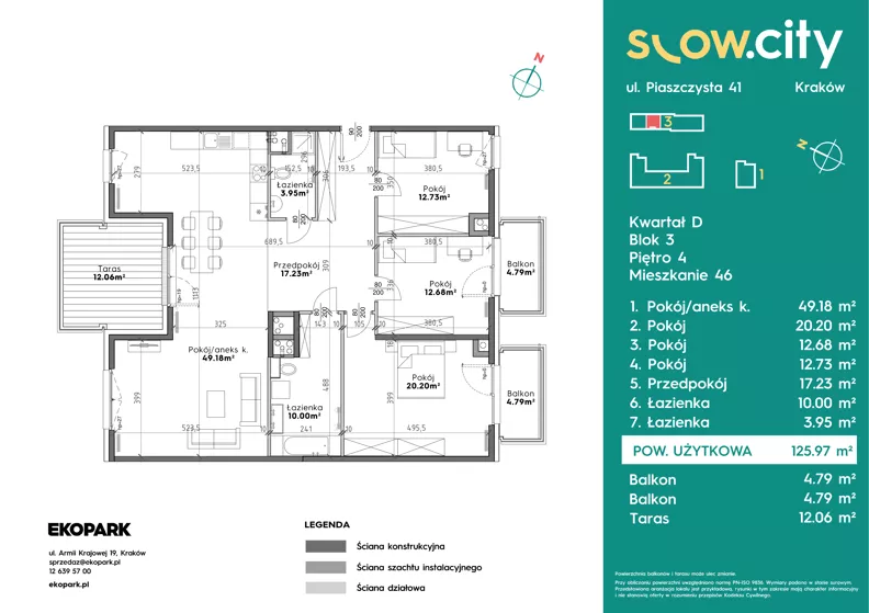4 pokoje, mieszkanie 125,97 m², piętro 4, oferta nr D3-46, Slow City - Etap D, Kraków, Prądnik Biały, ul. Piaszczysta 39 - 41