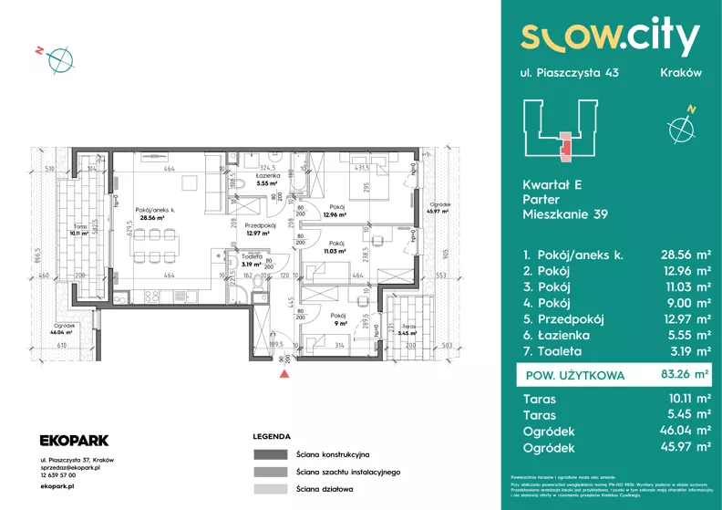 4 pokoje, mieszkanie 83,26 m², parter, oferta nr E-39, Slow City - Etap E, Kraków, Prądnik Biały, ul. Piaszczysta 43