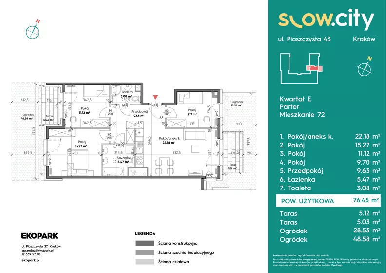 4 pokoje, mieszkanie 76,45 m², parter, oferta nr E-72, Slow City - Etap E, Kraków, Prądnik Biały, ul. Piaszczysta 43